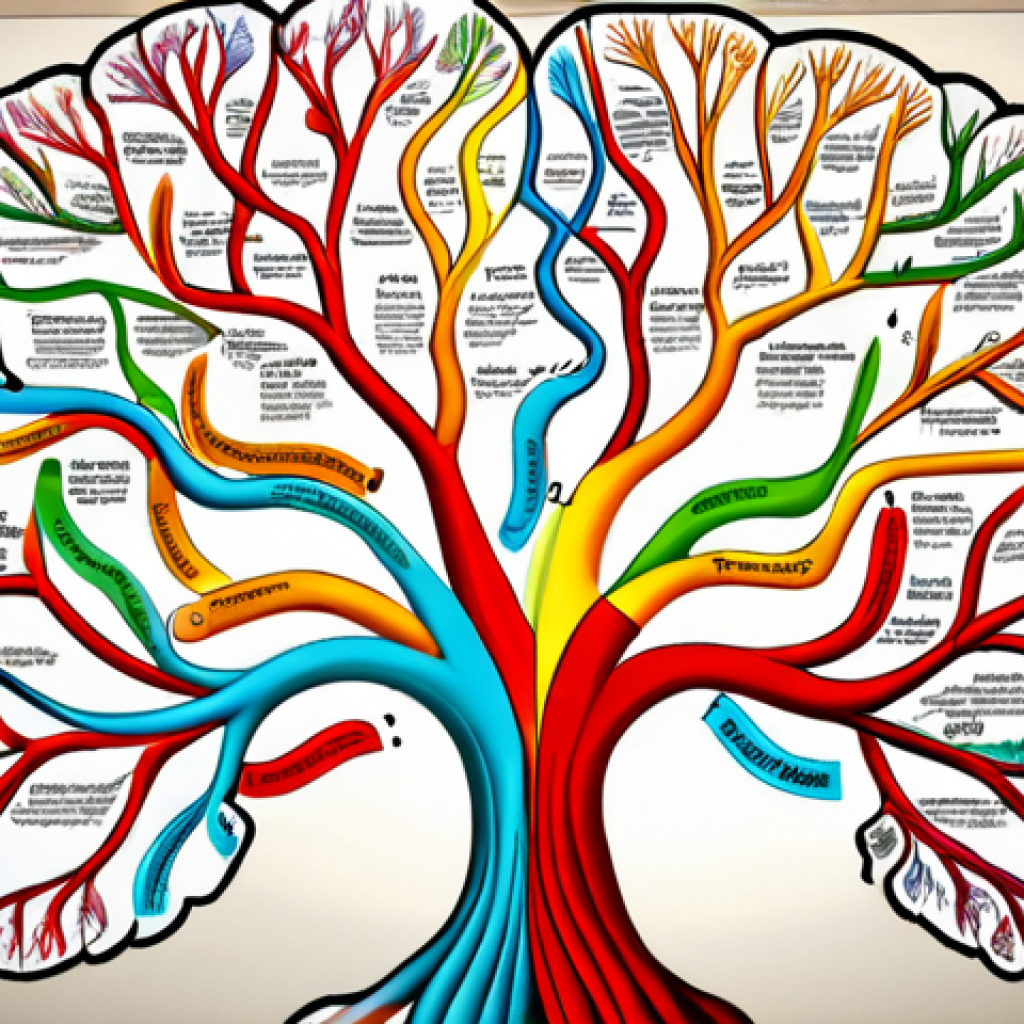 **Prompt:** A vibrant mind map with colorful branches connecting knowledge areas, symbolizing interconnected learning, digital art style.