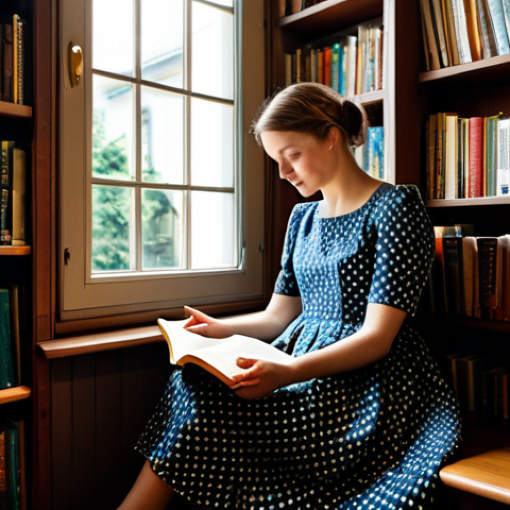 Bookstore Reading Nook**

"A young woman, fully clothed in a modest, vintage-style dress with floral patterns, sits comfortably in a cozy reading nook within a traditional German bookstore. Shelves overflowing with books surround her, creating a warm and inviting atmosphere. Soft, natural light streams through a nearby window. She holds an open book, appearing thoughtful and engaged. Background includes classic German literature titles. Safe for work, appropriate content, professional, family-friendly, perfect anatomy, correct proportions, natural pose, well-formed hands, proper finger count, natural body proportions."

**