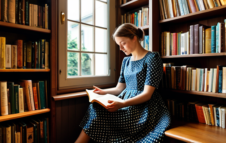 Bookstore Reading Nook**

"A young woman, fully clothed in a modest, vintage-style dress with floral patterns, sits comfortably in a cozy reading nook within a traditional German bookstore. Shelves overflowing with books surround her, creating a warm and inviting atmosphere. Soft, natural light streams through a nearby window. She holds an open book, appearing thoughtful and engaged. Background includes classic German literature titles. Safe for work, appropriate content, professional, family-friendly, perfect anatomy, correct proportions, natural pose, well-formed hands, proper finger count, natural body proportions."

**