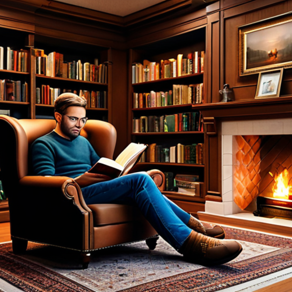 메타포를 활용한 스토리텔링 기법 - "A cozy library with warm lighting, bookshelves stretching to the ceiling, a person fully clothed re...