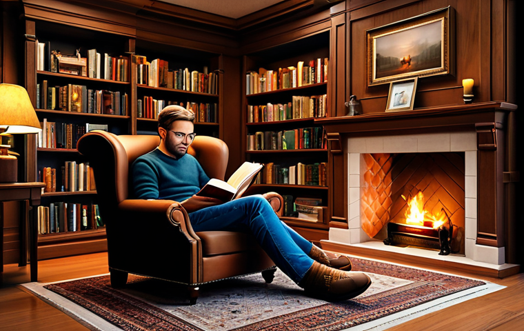 메타포를 활용한 스토리텔링 기법 - "A cozy library with warm lighting, bookshelves stretching to the ceiling, a person fully clothed re...