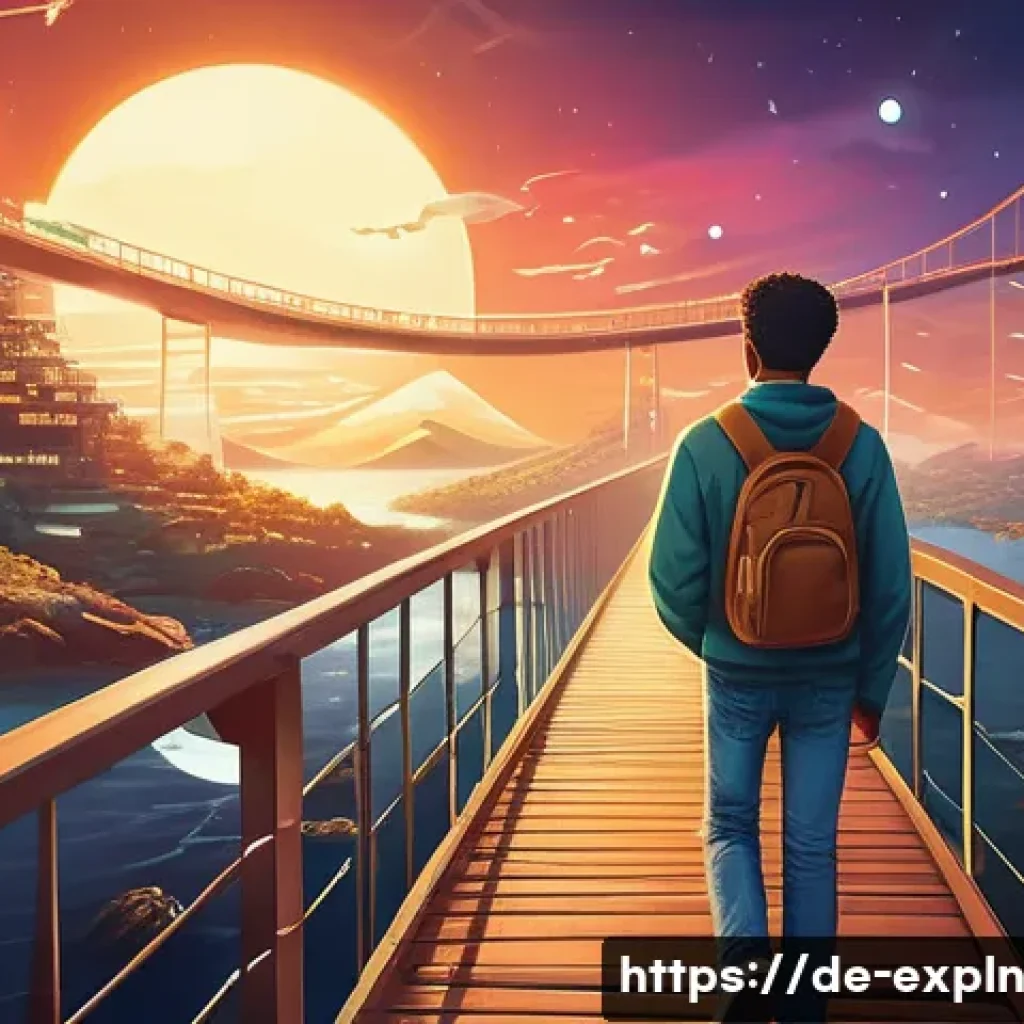 메타포가 교육에 미치는 긍정적 영향 - **A Diverse Young Adult Navigating the Bridge of Understanding:** A vibrant, conceptual illustration...