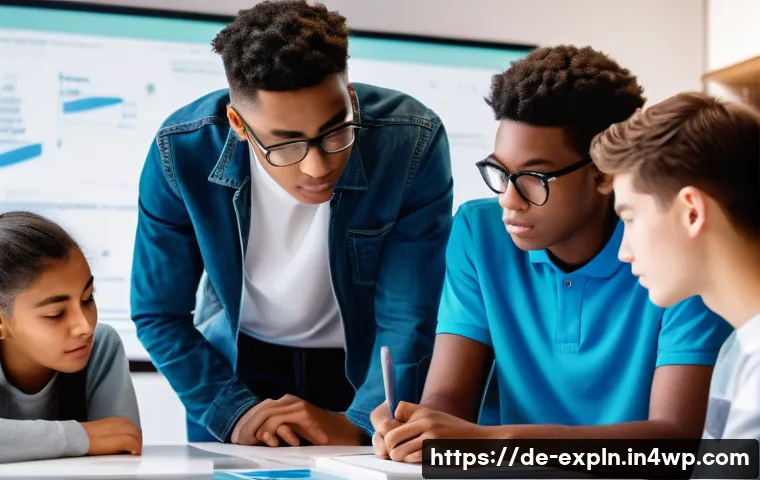 유추의 활용  교육에서의 적용 - A diverse group of five teenagers (approximately 15-17 years old), dressed in modern, casual attire,...