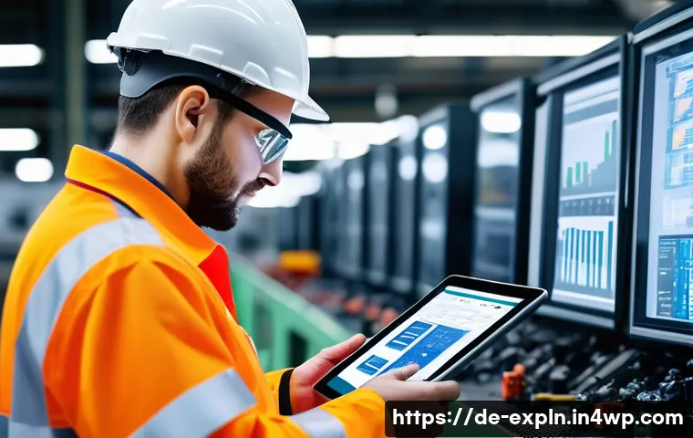 유추의 활용  기술적 문제 해결 사례 - A modern industrial maintenance technician in a high-tech factory environment, carefully examining m...