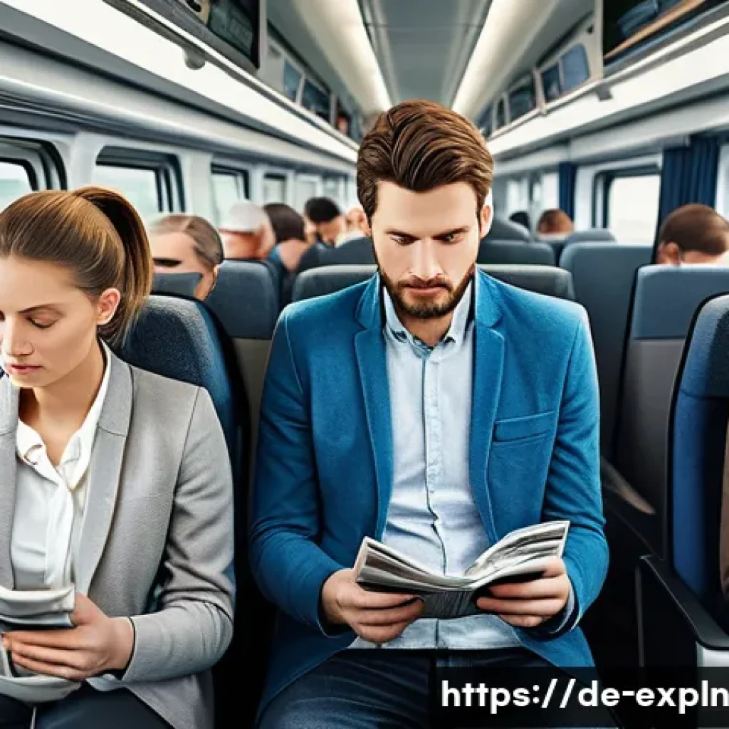 유추의 심리학적 원리 - A modern German commuter train interior during morning rush hour, diverse passengers sitting and sta...