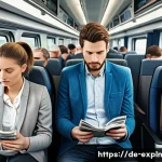 유추의 심리학적 원리 - A modern German commuter train interior during morning rush hour, diverse passengers sitting and sta...