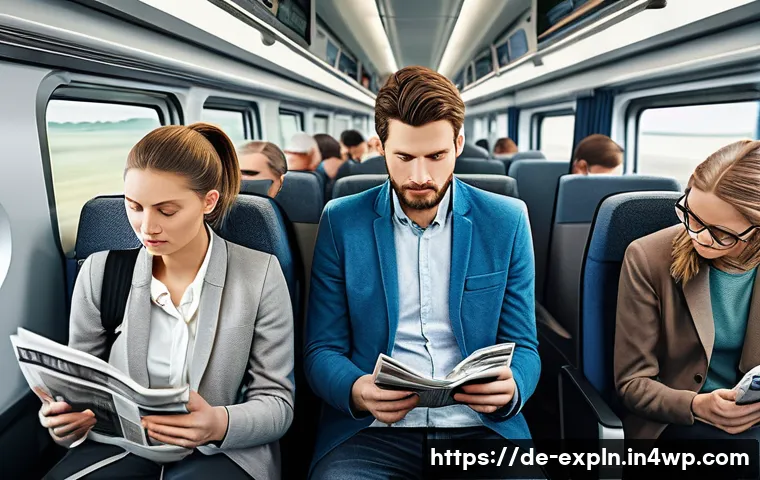 유추의 심리학적 원리 - A modern German commuter train interior during morning rush hour, diverse passengers sitting and sta...