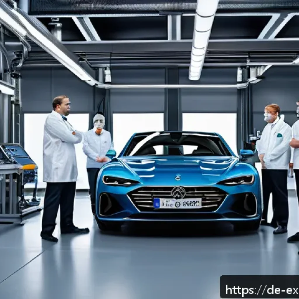 유추의 성공적인 활용  실전 사례 - A modern German automotive research laboratory scene showing diverse engineers in professional attir...