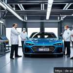 유추의 성공적인 활용  실전 사례 - A modern German automotive research laboratory scene showing diverse engineers in professional attir...