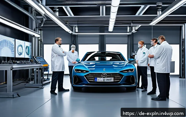 유추의 성공적인 활용  실전 사례 - A modern German automotive research laboratory scene showing diverse engineers in professional attir...