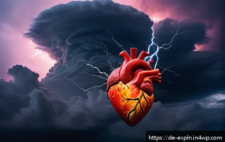 메타포를 통한 감정 표현 방법 - A vivid metaphorical scene depicting a stormy heart: a large, turbulent storm cloud swirling intense...